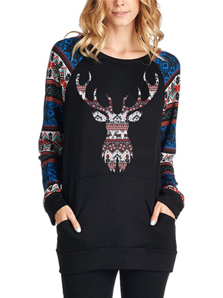 

Vintage Women Elk Printing O-Neck Long Sleeve Sweatshirt