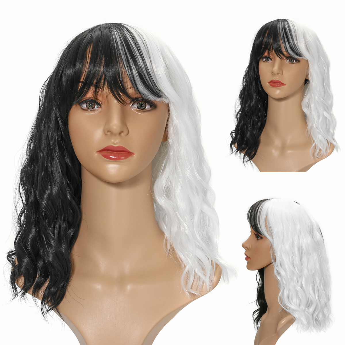 

14'' Women Cosplay Black White Synthetic Curly Hair Wigs Shoulder Length