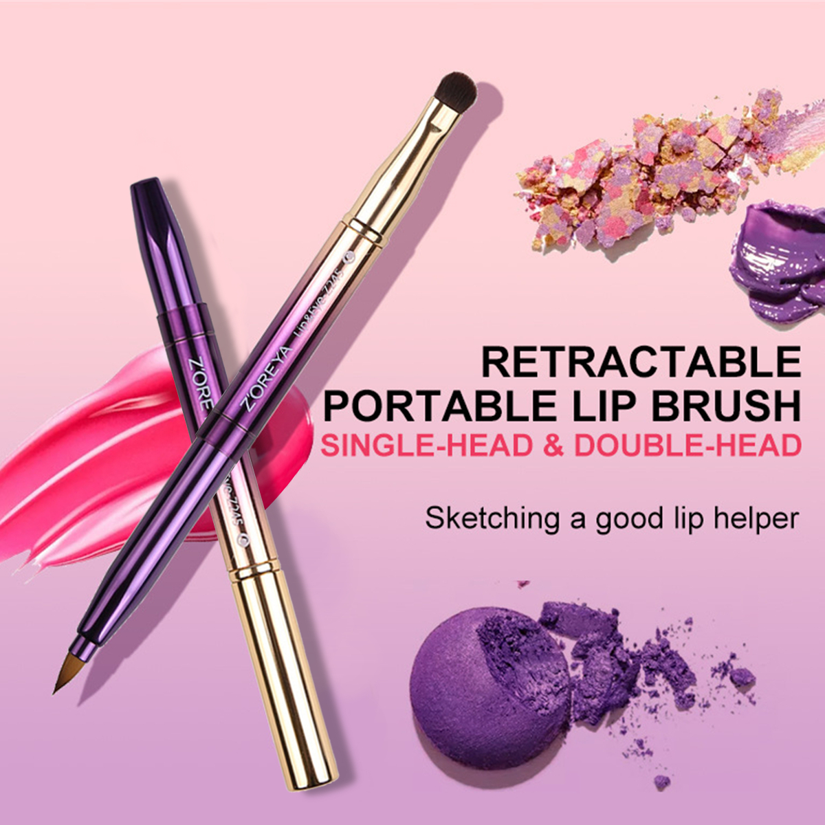 

Portable Double Head Makeup Brushes Retractable Lip Brush Ra