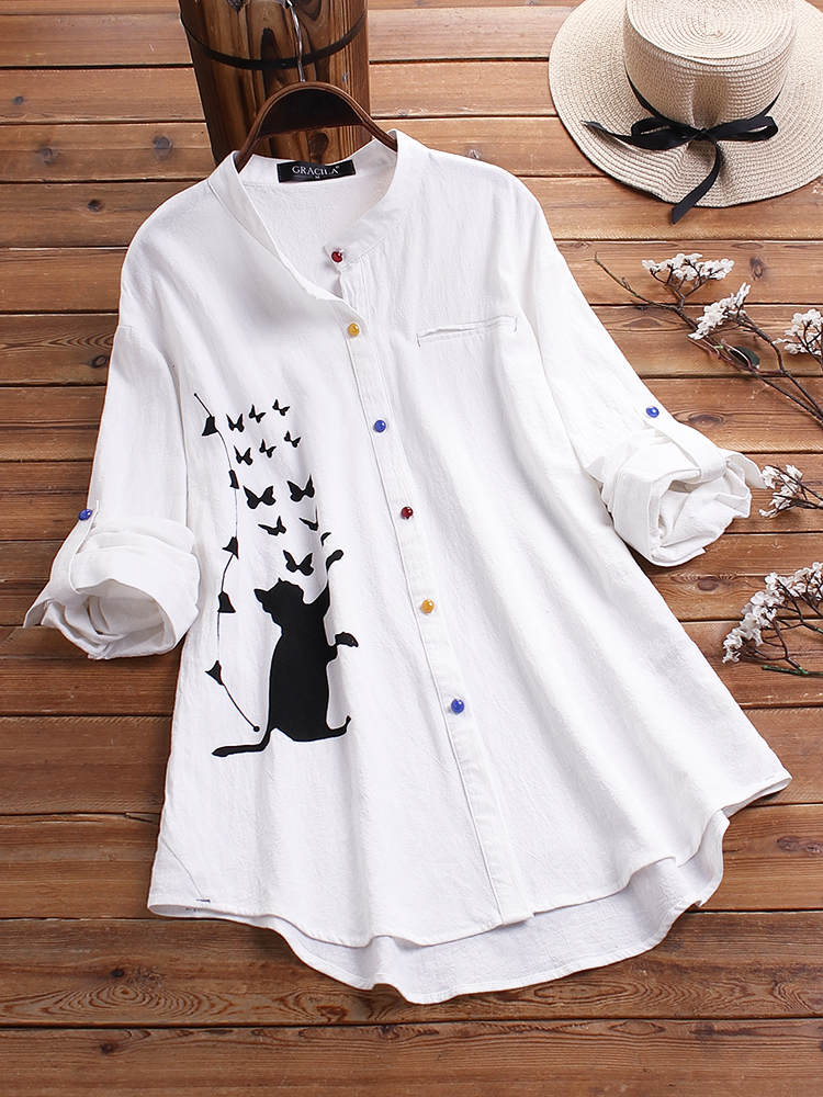 

Блузка с длинным рукавом с принтом кошек Colorful Рубашки на пуговицах