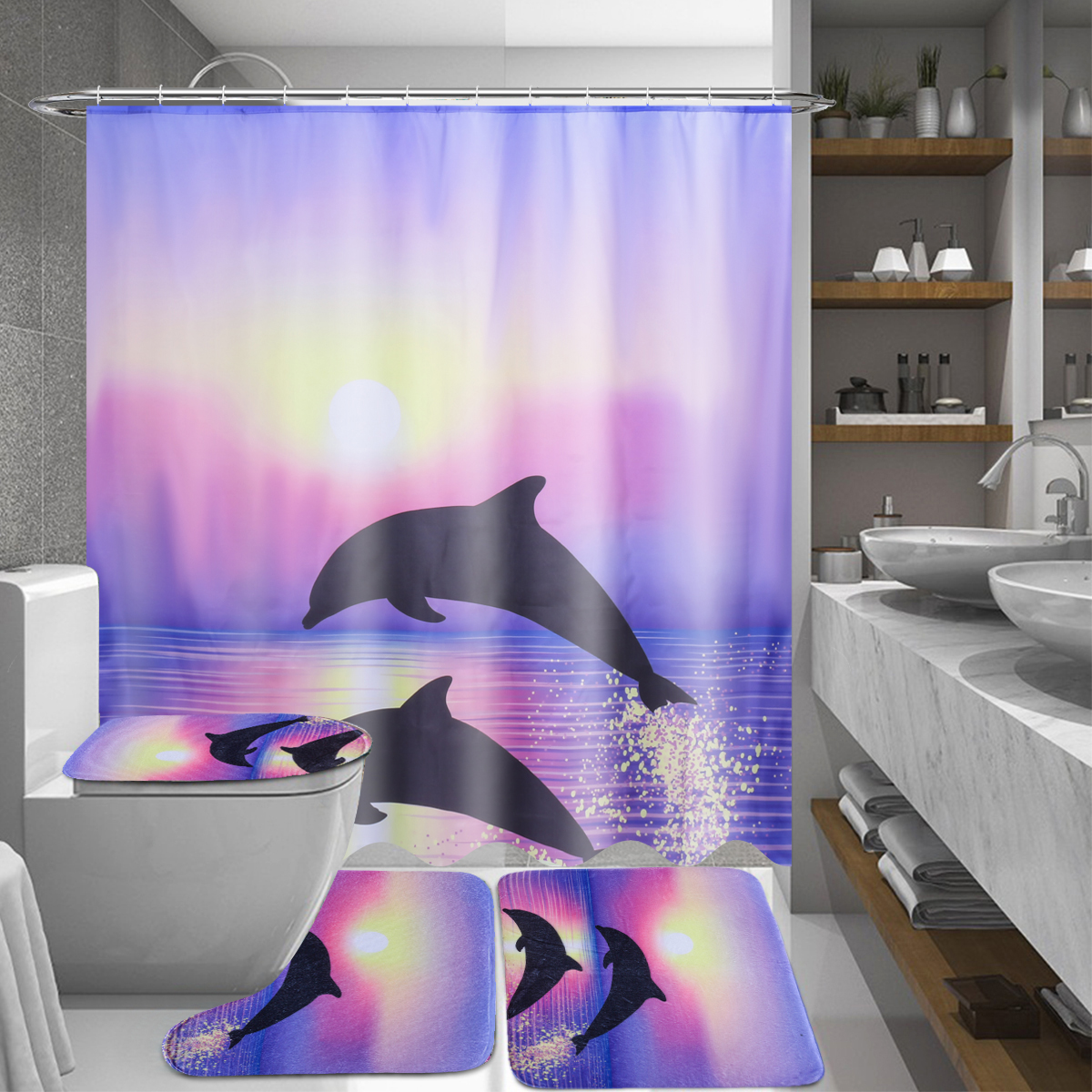 

180 x 180 см Дельфин Океан с 12 крючками Ванная комната Душ Водонепроницаемы Шторы