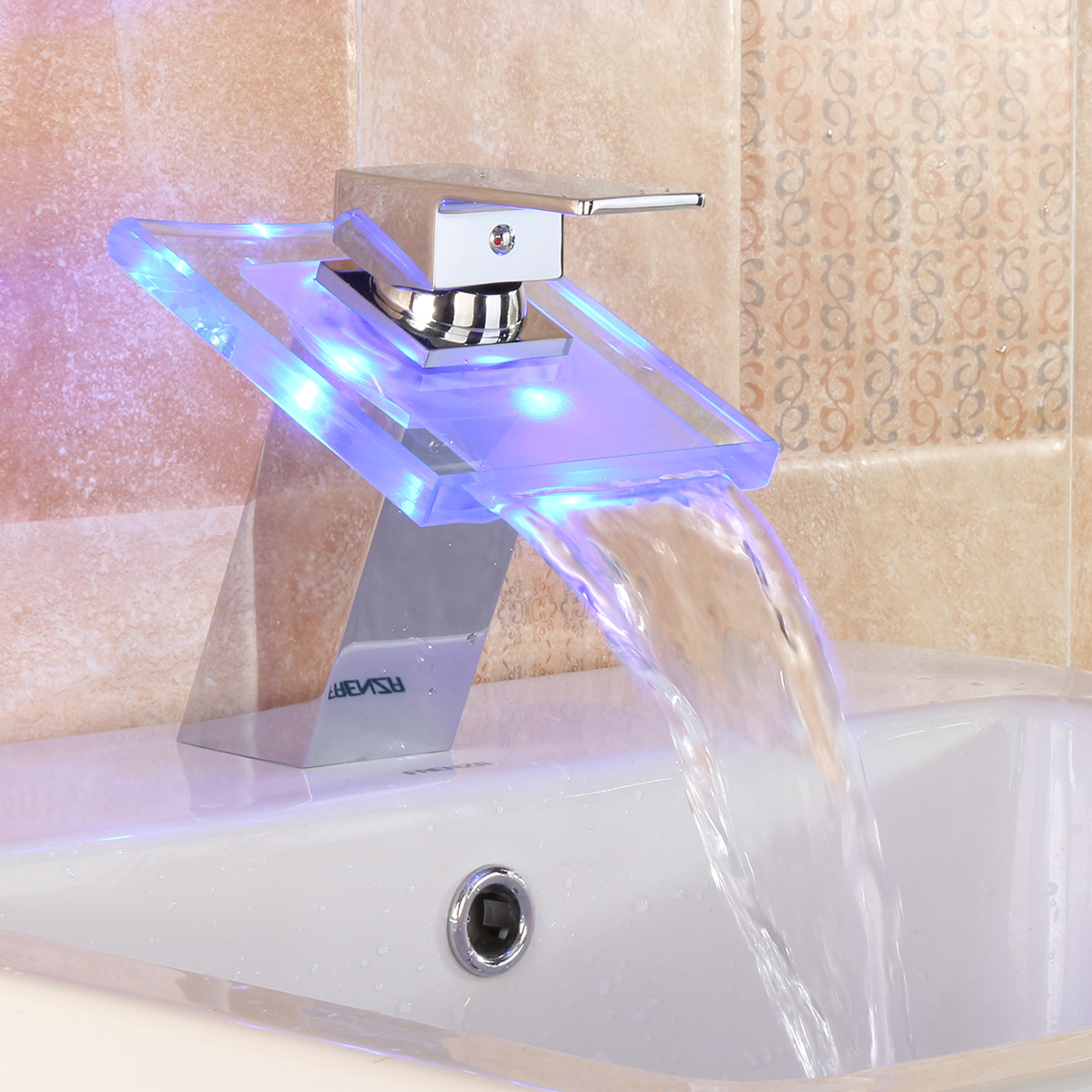 

LED Color Changing Waterfall Faucet Bathroom Sink Faucet Glass Basin Bathtub Mixer Tap