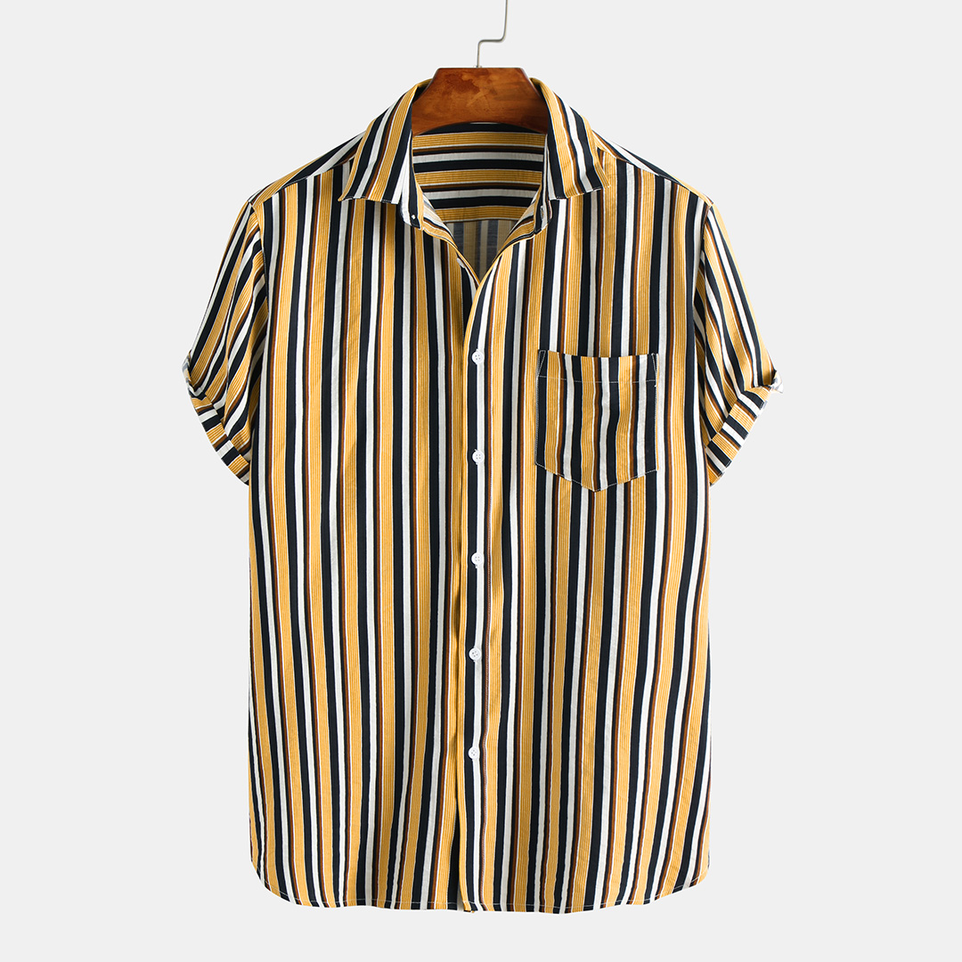 

Men Stripe Chest Pocket Summer Short Sleeve Lapel Shirts