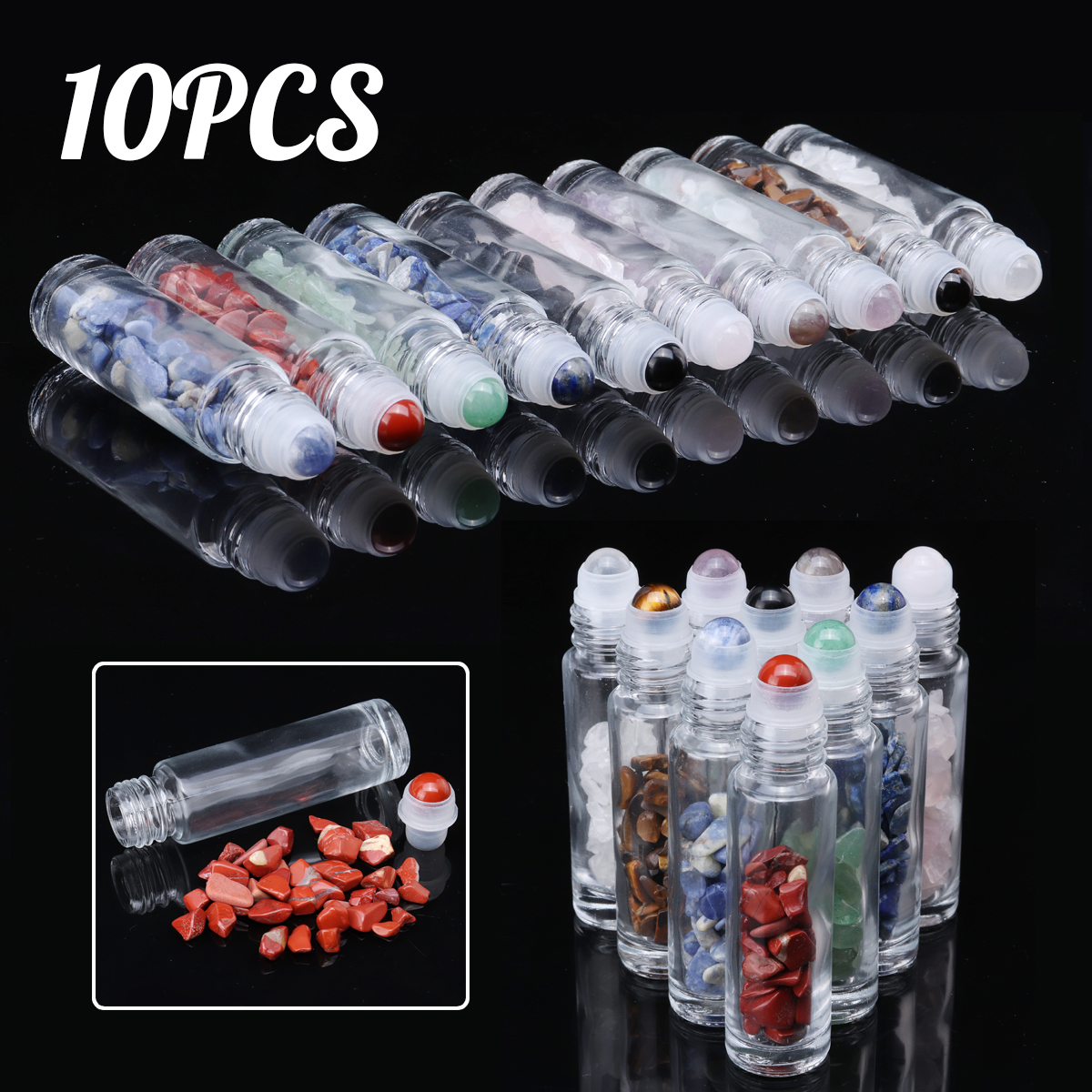 

10pcs 10ml Essential Oil Gemstone Roller Ball Bottle Glass with Natural