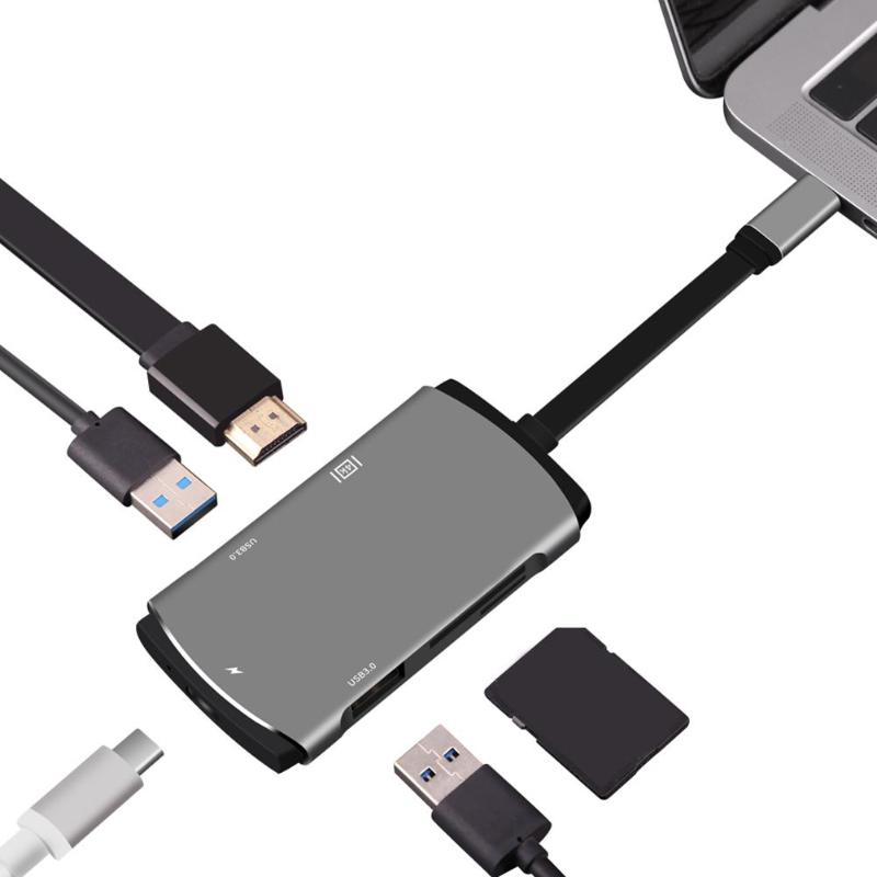 

YC207 6 в 1 Type-C USB-концентратор 2-портовый USB 3.0 HDMI-совместимый конвертер SD / TF Card Reader PD зарядный адапте