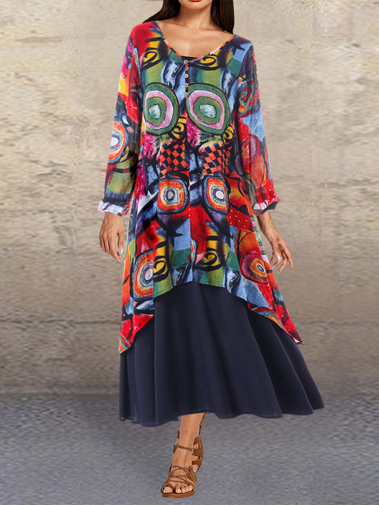

V-neck Graffiti Print Splice Contrast Color Maxi Dress