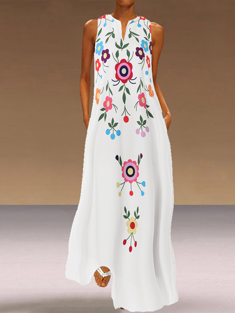 

Women Bohemia V-neck Sleeveless Floral Printed Dress