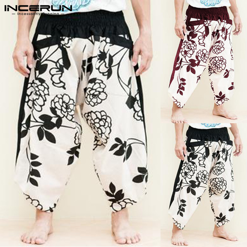 

Мужские свободные брюки для йоги в стиле хиппи с цветочным рисунком Тайские брюки для пляжной вечеринки в стиле гарем
