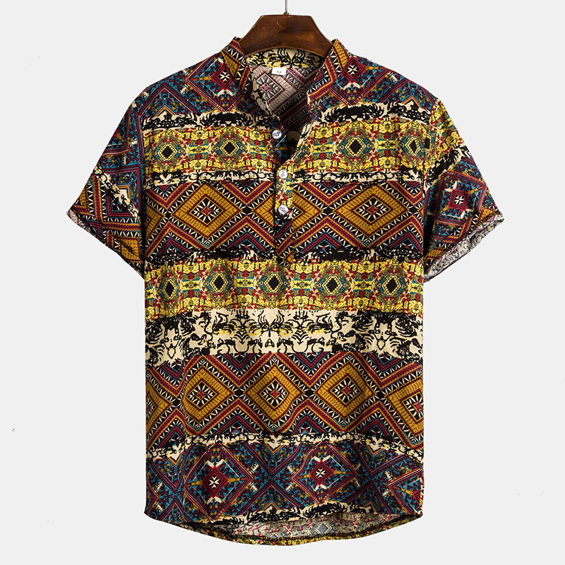 

Ethnic Style Printing Slim Fit Henley Shirts