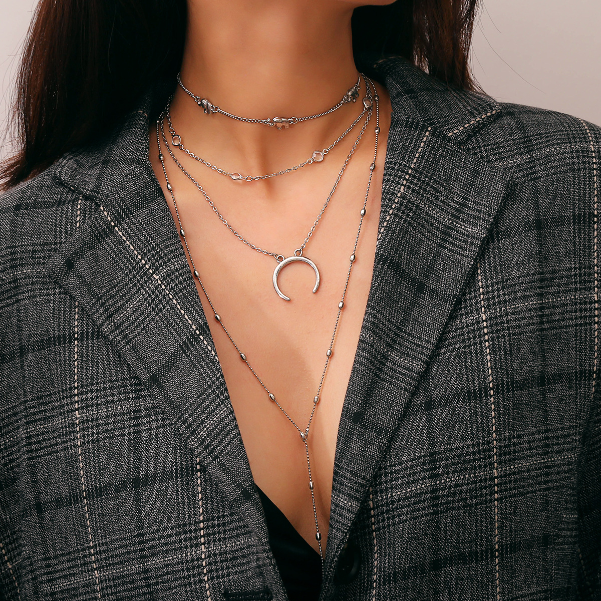

Богемный Многослойный Кулон Длинное ожерелье Цепь Луна Rhinestone Шарм Ожерелье для Женское