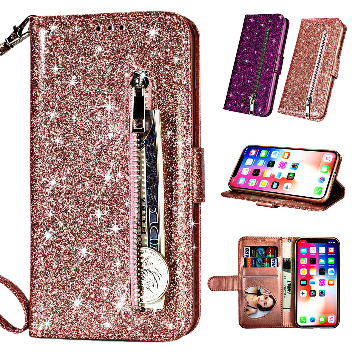 

Bling Glitter Luxury Flip PU Leather Zipper Wallet Phone Bag with Multi Card Slots Stand Protective Case for iPhone 11 / iP XR / iP 7 / iP 8