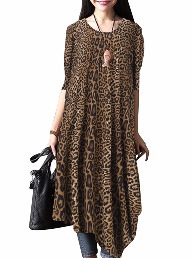 

Леопардовый принт O-образный вырез High-Causal Maxi Платье