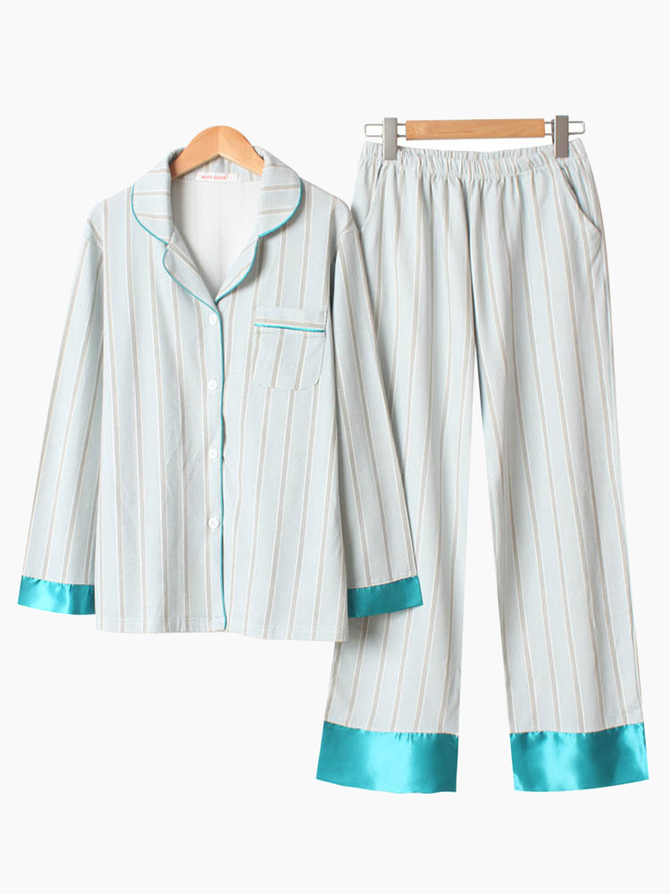 

Полосатый хлопковый отворот с длинным рукавом на пижаме