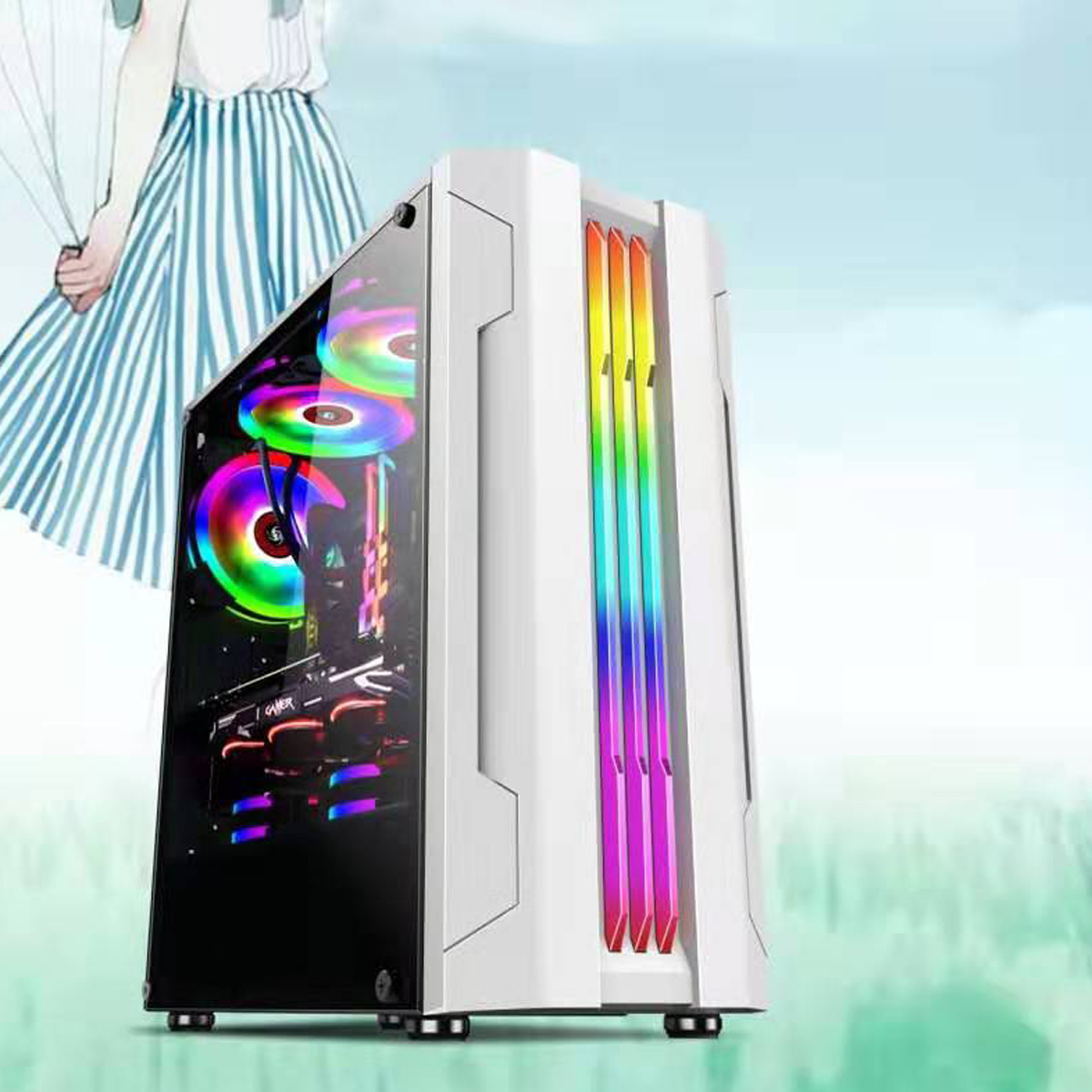 

Gaming Case ATX Computer PC Cases with 280mm LED Rainbow Fan Desktop Computer Case Chassis RGB Light PC Case Tempered Gl