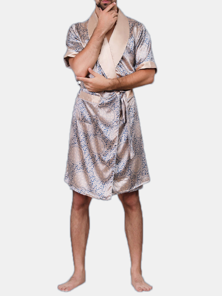 

Мужской гладкий искусственный шелковый принт Ремень Пижамный костюм