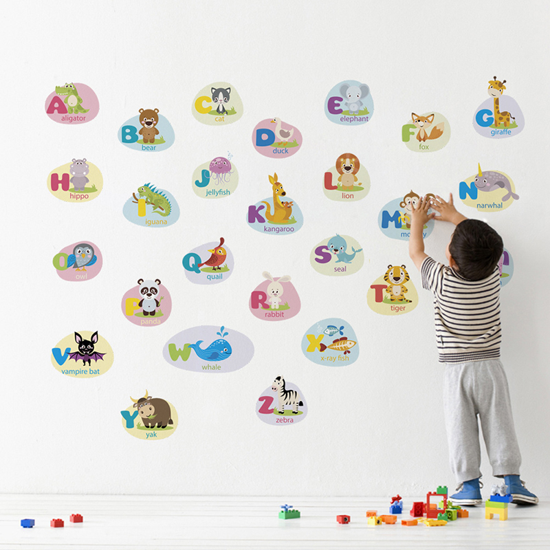 

26PCS Classic Animals Alphabet Baby Nursery Peel and Stick Wall Art Sticker Decals Alphabets Animals Wall Removable Wall