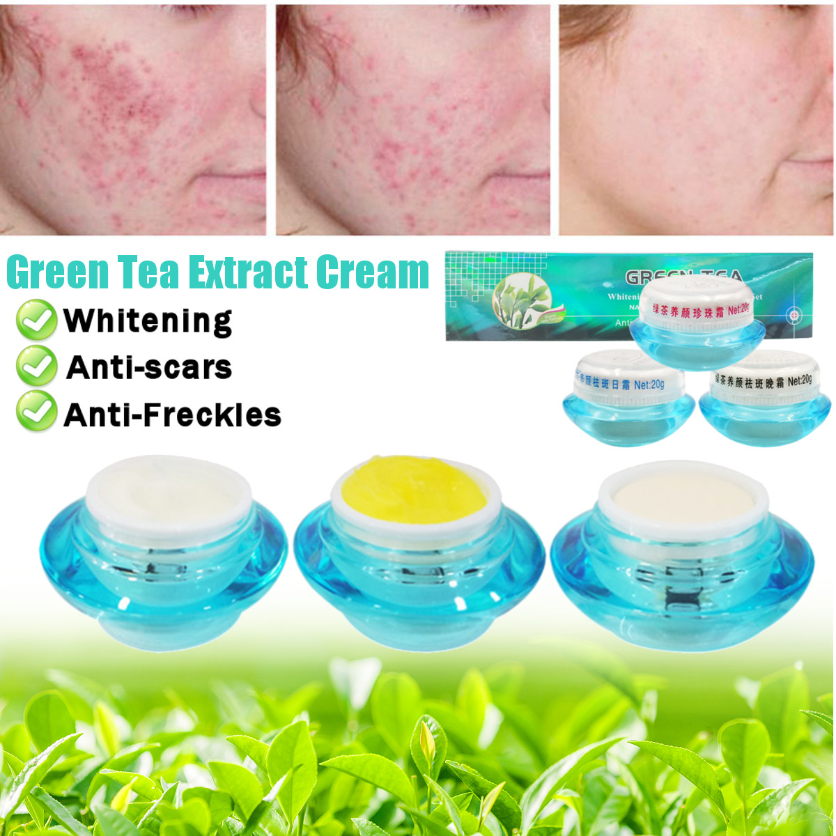 

FEIQUE 3Pcs/Set Green Tea Facial Cream Nourishing Whitening Anti Scars