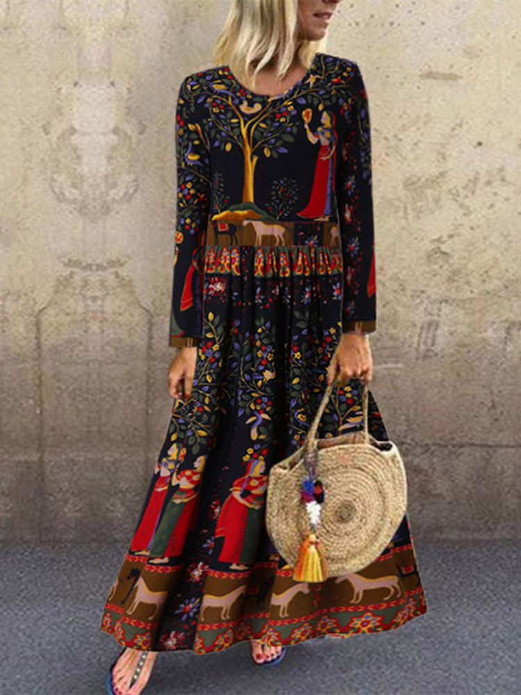 

Этнический цветочный принт с длинным рукавом с длинным рукавом Maxi Платье