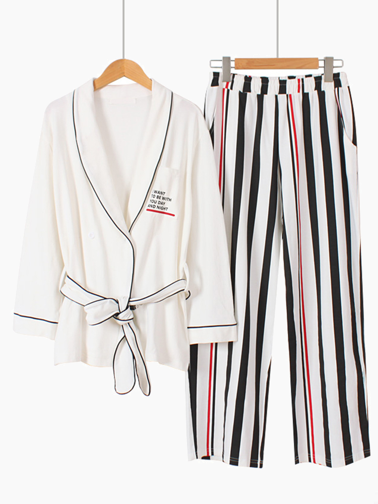 

Cotton Kimono Stripe Printed Long Sleeve Casual Pajama Set