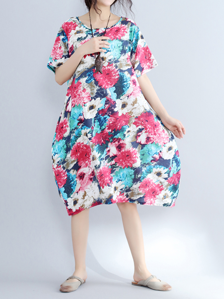 

Цветочная печатная круглая шейная шейка с карманами Loose Платье для Женское