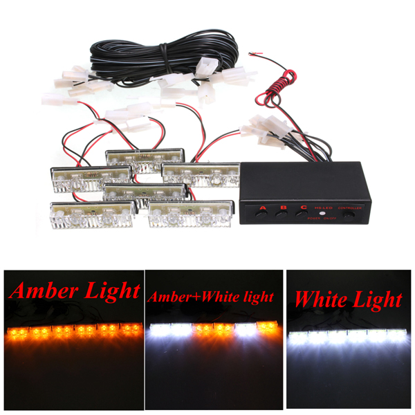 

12V 2X6 LED Bulb Amber White Car Flash Warning Emergency Strobe Light Lamp Bar