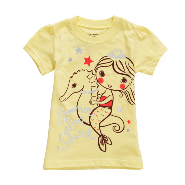 

2015 Новый Little Maven Лето Девочка Ребенок Море Лошадь Желтая Хлопок Футболка