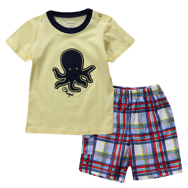 

2015 новый прекрасный осьминог желтый ребенок дети мальчик из чистого хлопка с коротким рукавом + шорты костюм