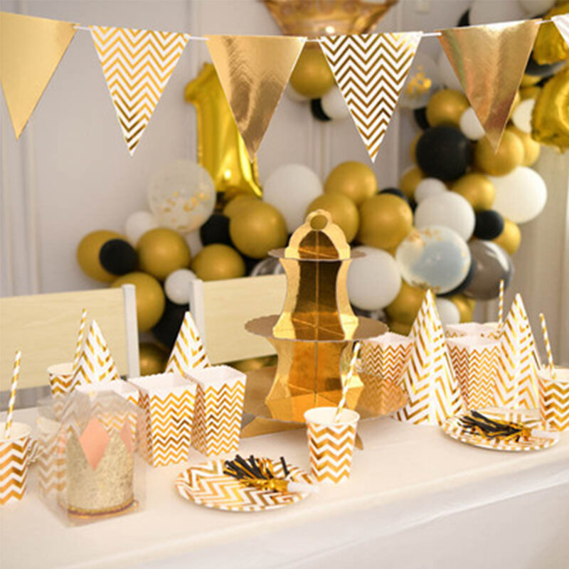 

Наборы одноразовой посуды серии Gold Stripe, бумажные тарелки для вечеринки, дня рождения, Свадебное, украшения