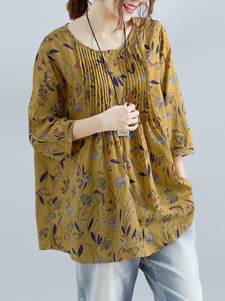 

Круглая плиссированная блузка с растительным принтом Шея Повседневная блузка с короткими рукавами