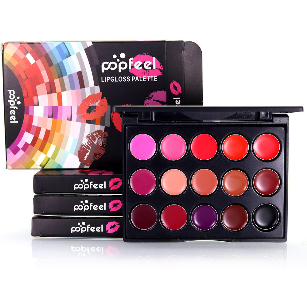 

Popfeel 15 цветов Lip Gloss Palette Professional Nude Губная помада Tint Mini Макияж Пластина
