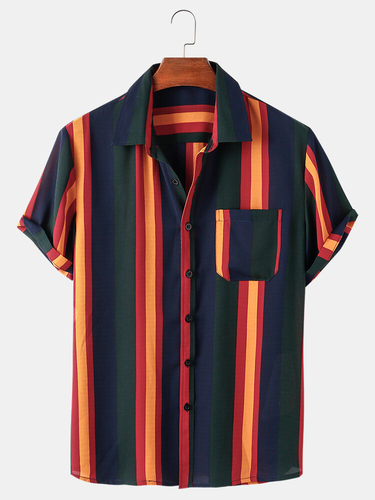 

Mens Colorful Vertical Stripes Short Sleeve Lapel Collar Pocket Designer Shirts