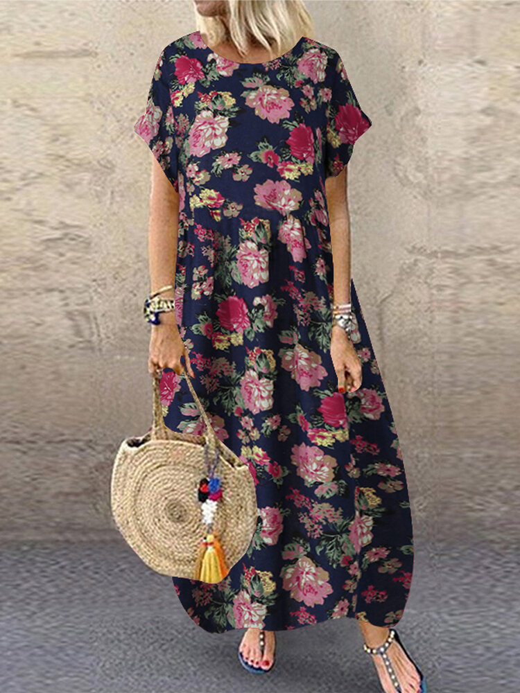 

Ethnic Style Flower Print Vintage Short Sleeve Loose Maxi Dress with Pockets