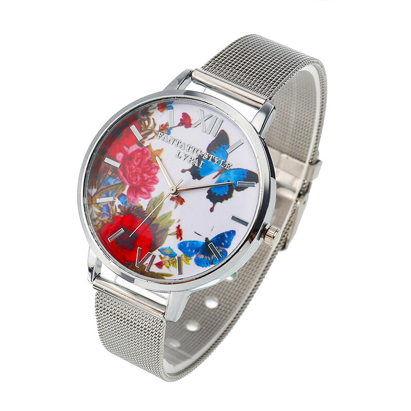 

LVPAI Fashion Casual Flower Butterfly Pattern Roman Numeral Dial Stainless Steel Mesh Band Women Wristwatch Quartz Watch