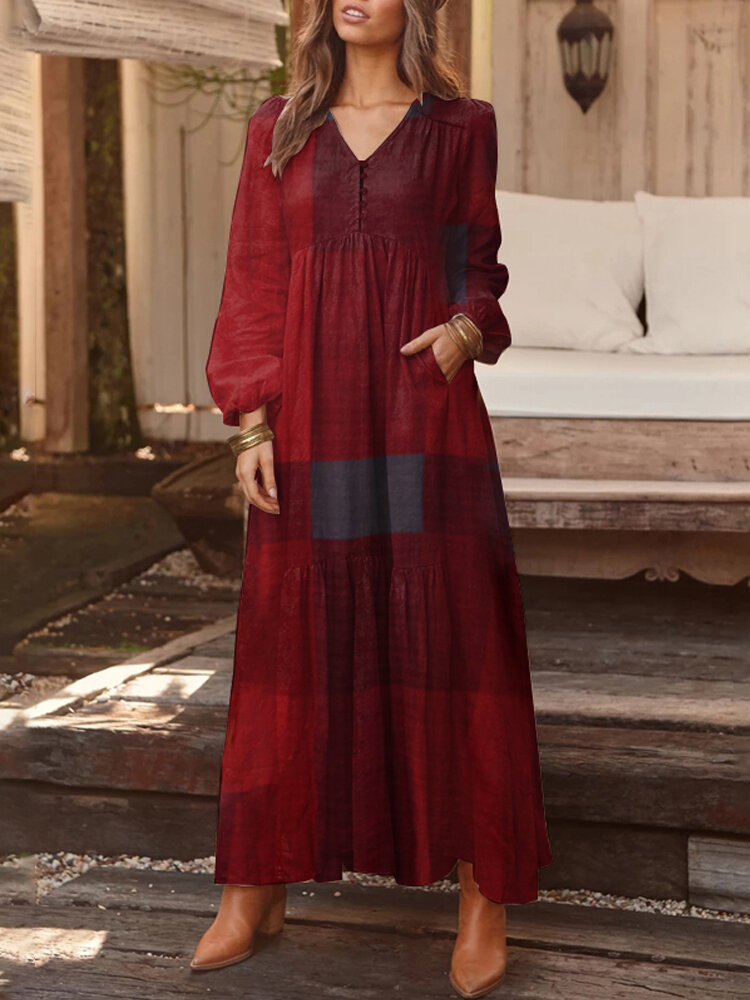 

Женское клетчатое платье с V-образным вырезом на пуговицах с длинным рукавом Винтаж Макси-платья с карманом