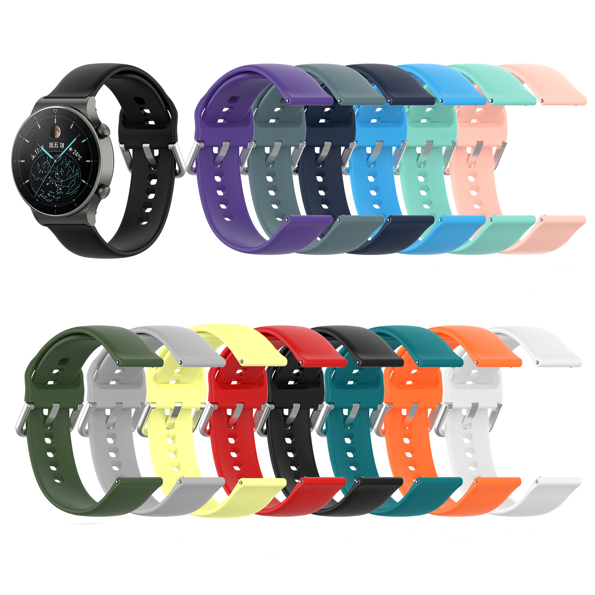 

Bakeey 22 мм многоцветные Силиконовый Siver с пряжкой, сменный ремешок, умные часы Стандарты для часов Huawei GT2 PRO