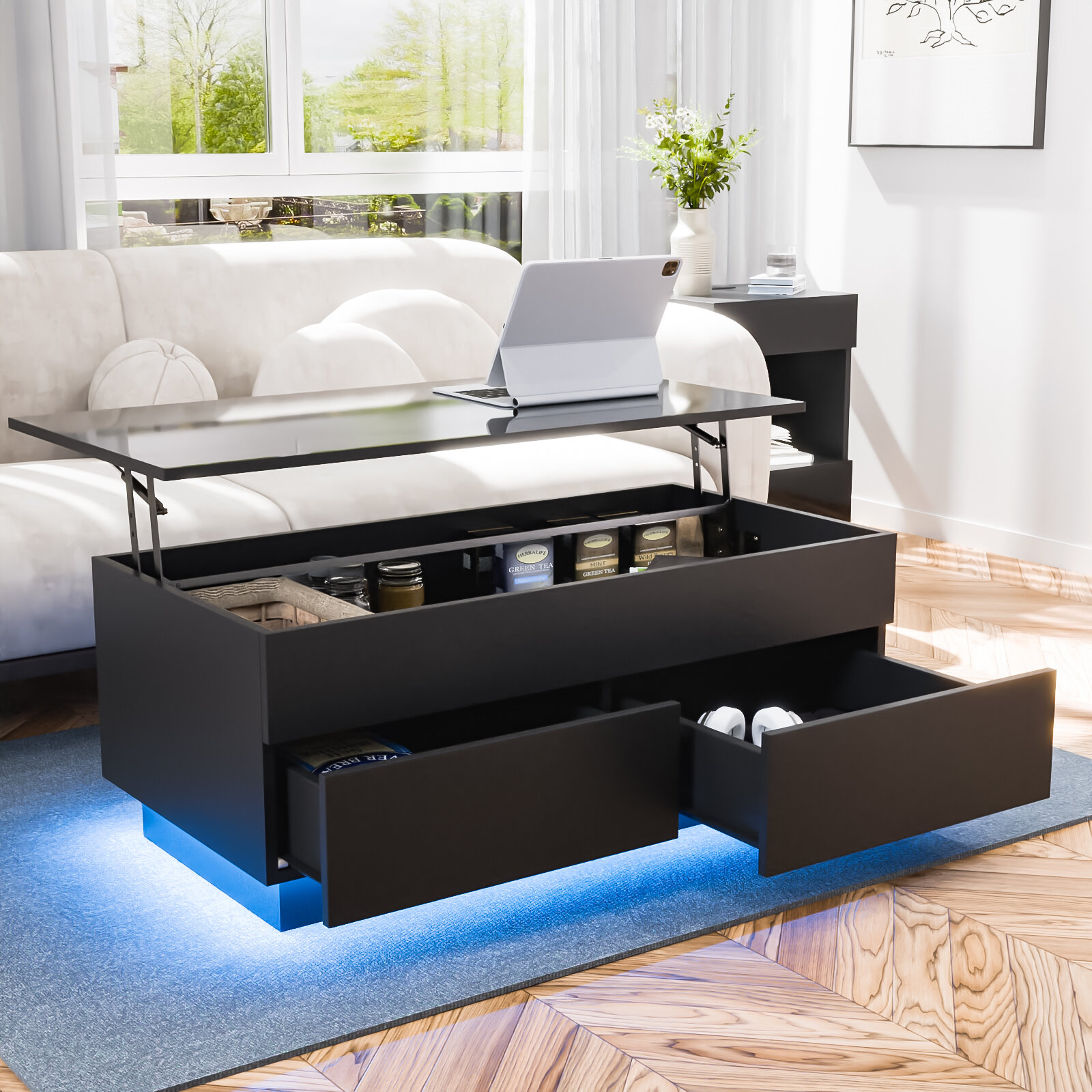 

LED Lift Coffee Table with USB Power Source Middle Support Rod 60 lbs Load-Bearing Capacity High Gloss Surface Adjustabl