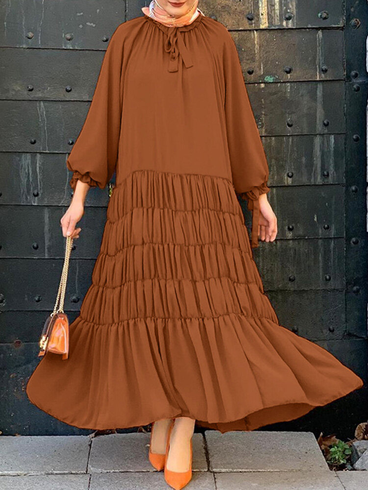 

Женщины сплошной цвет оборками воротник на шнуровке пышные рукава бандаж многоярусный макси Платье