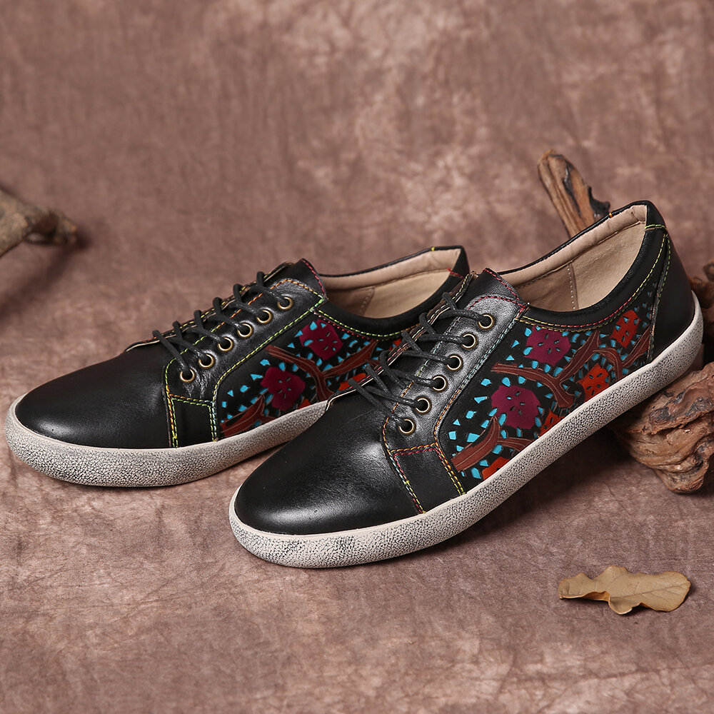

SOCOFY Кожаные кроссовки на шнуровке на плоской подошве в стиле ретро с цветочным вырезом и шнуровкой