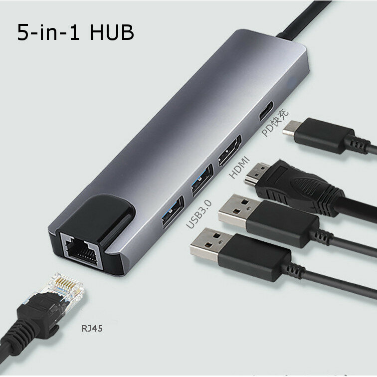 

Адаптер док-станции Bakeey 5-in-1 USB-C HUB с 4K @ 30Hz HDMI / RJ45 Gigabit Ethernet / USB3.0 * 2 / PD зарядка