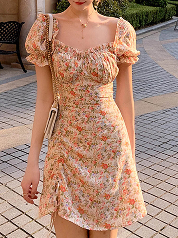 

Повседневная летняя одежда для отдыха с пышными рукавами и цветочным рисунком Платье For Женское