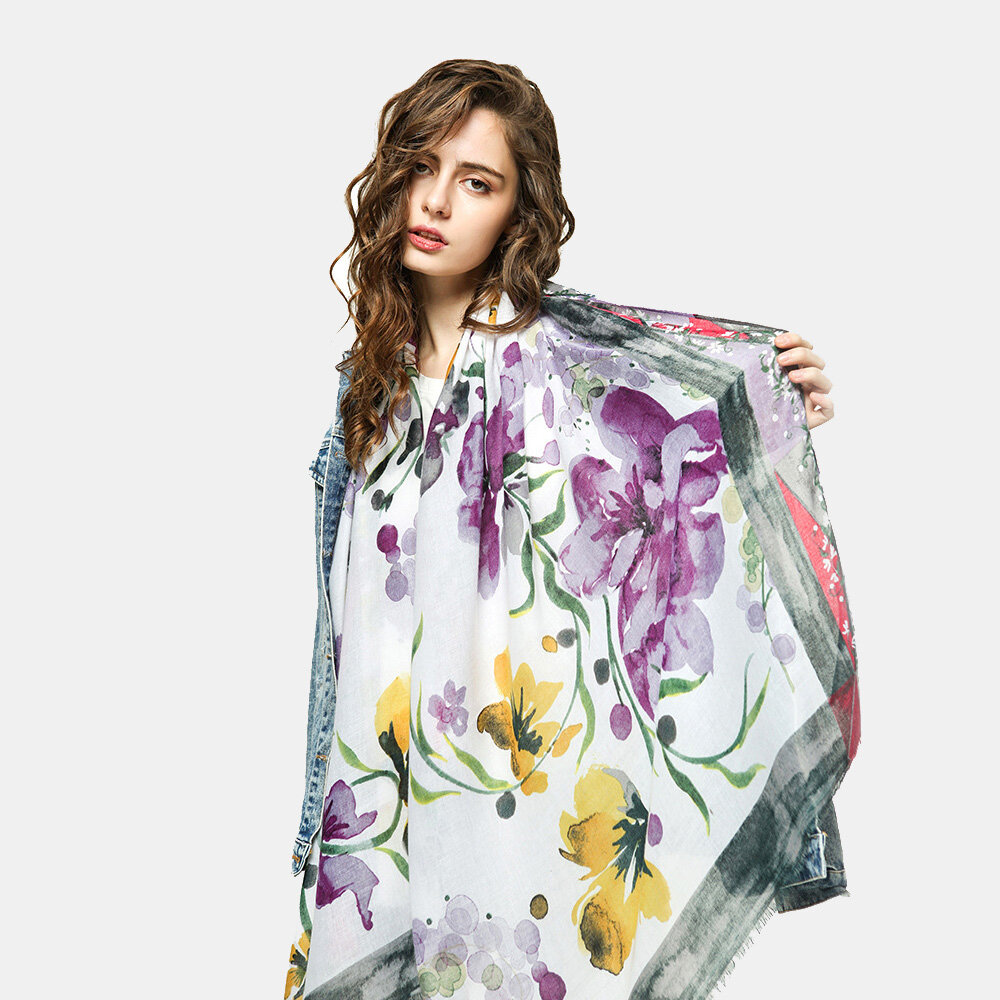 

Женские весенне-осенние хлопковые шелковые шали с цветочным принтом, хиджаб, шарф Soft, тонкие очень длинные цветные гол