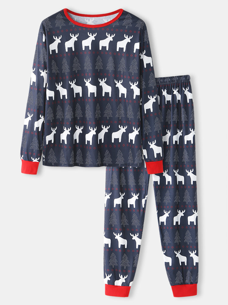 

Mens Christmas Elk Print Round Шея Jogger Брюки Двухкомпонентный комплект домашней пижамы для гостиной