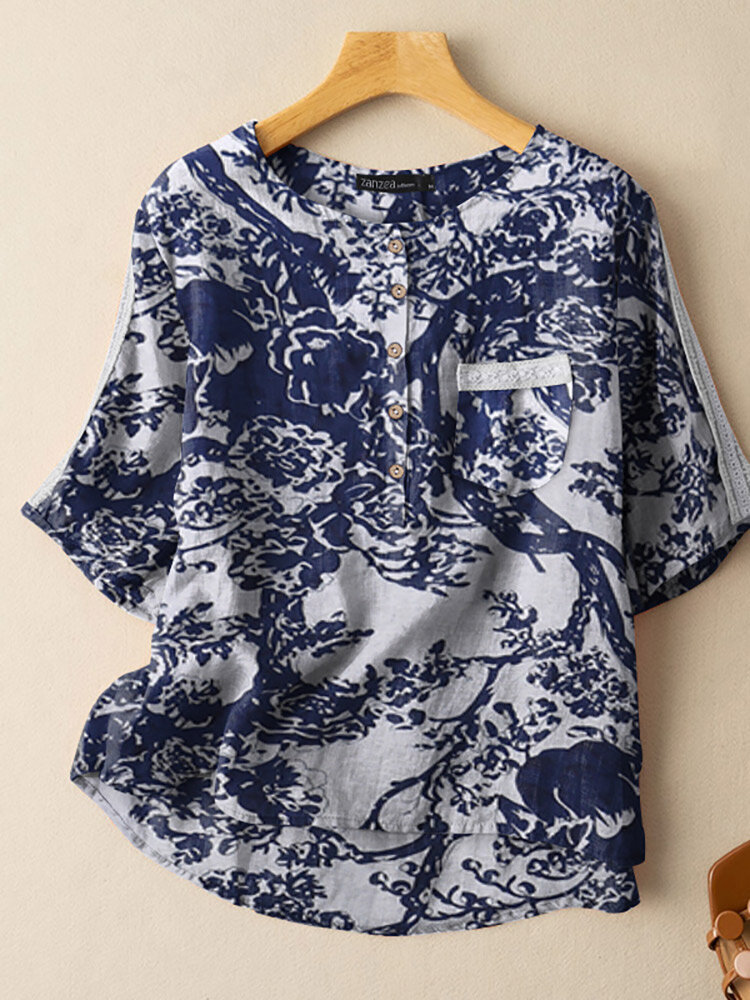 

Хлопок Растение Повседневная блузка с короткими рукавами и карманом на пуговицах с принтом в стиле пэчворк