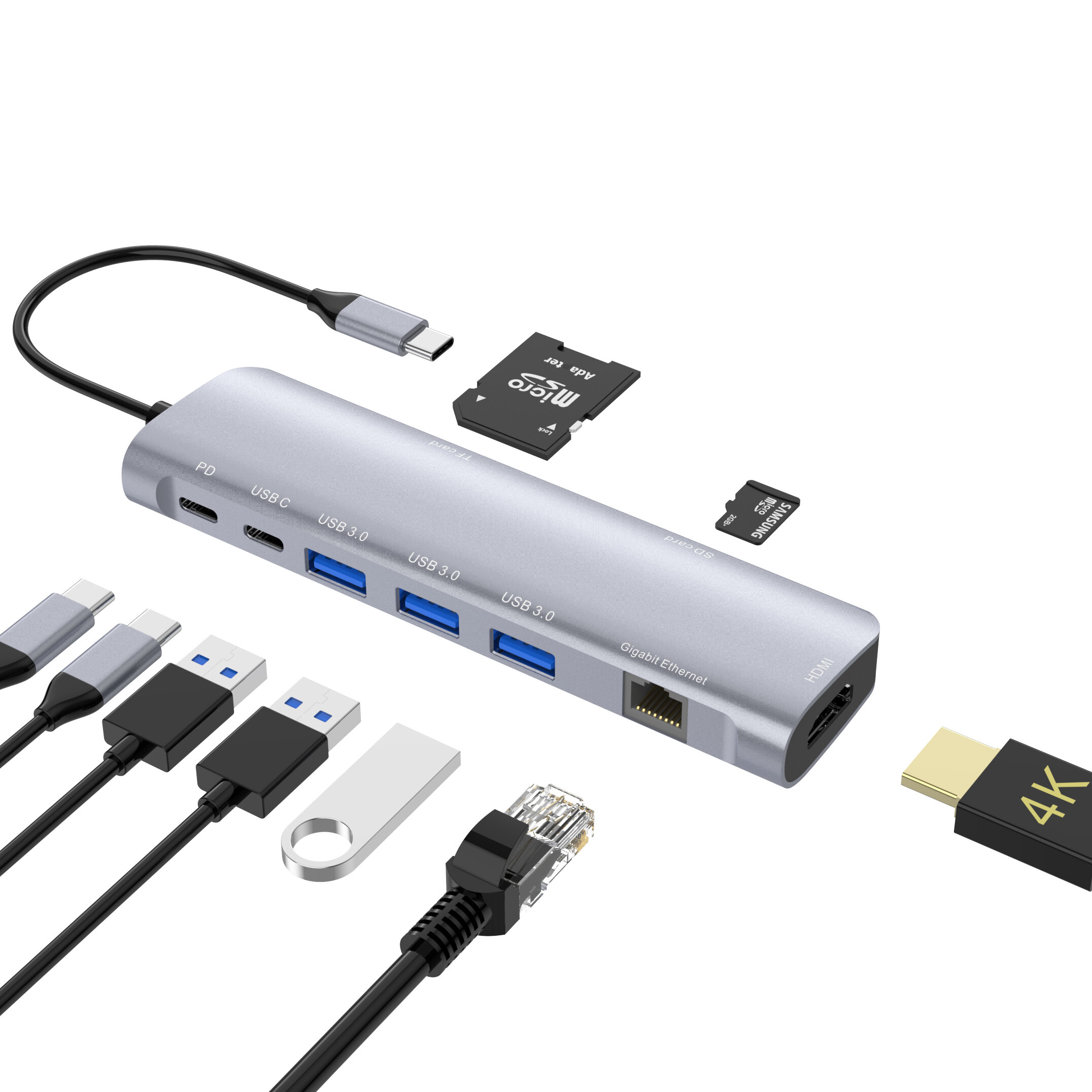 

Адаптер для док-станции Bakeey 9 в 1 с USB3.0 * 3 / USB-C для передачи данных / 100 Вт USB-C PD / 4K 30 Гц HD Дисплей Ви