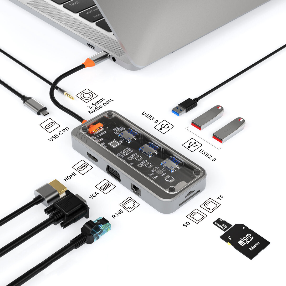 

Концентратор Basix USB C 10 в 1 Type-C к PD HDMI USB3.0 USB2.0*2 SD TF RJ45 VGA AUDIO3,5 мм аудио