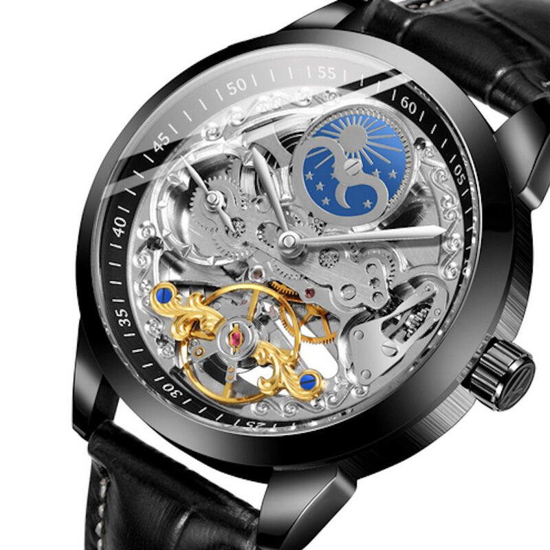 

FORSINING FSG8191 Модные мужские автоматические часы с полым циферблатом и кожаным ремешком Classic Механический Часы