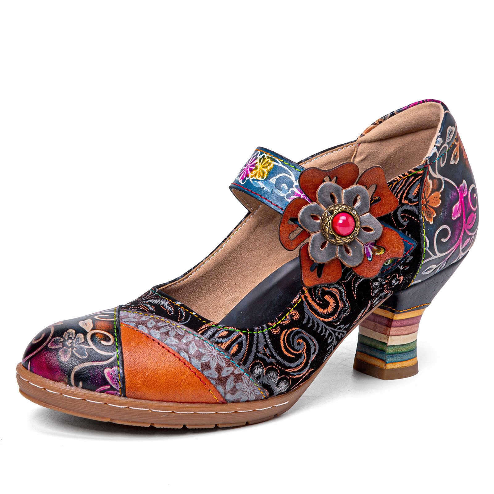 

Socofy Leather Винтаж Colorful Туфли Мэри Джейн с цветочным декором