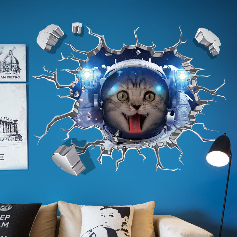 

Miico Creative 3D Space Astronaut Cat Broken Wall PVC Removable Home Room Decorative Wall Floor Decor Sticker