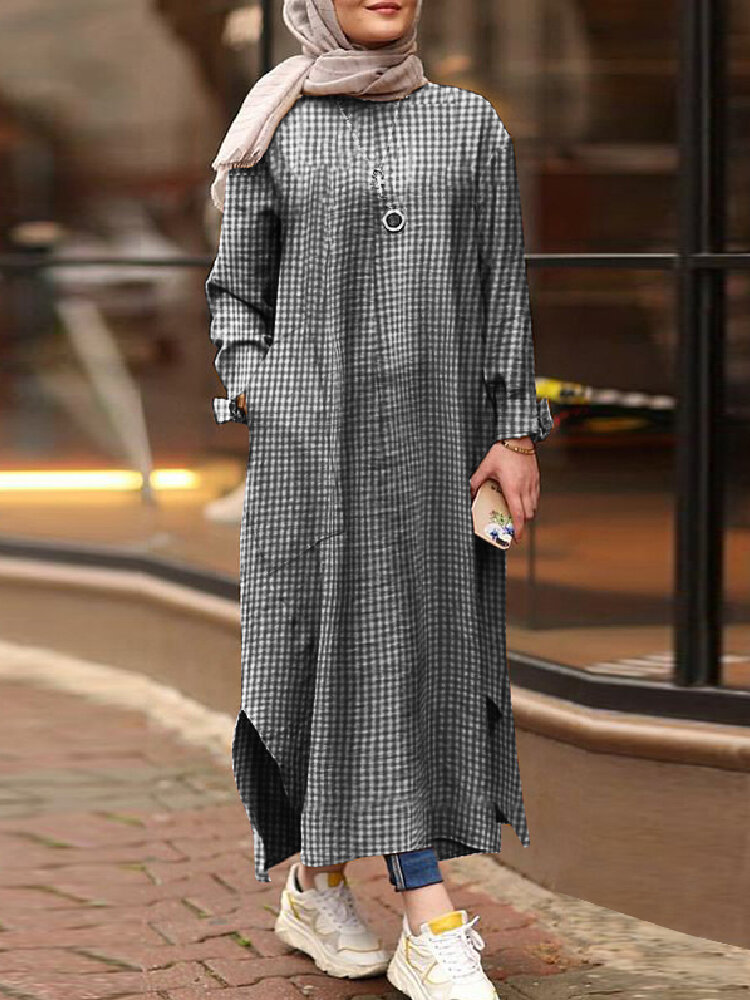 

Женщины Винтаж Клетчатая свободная макси с разрезом по бокам Платье Туника из кафтана с боковыми карманами