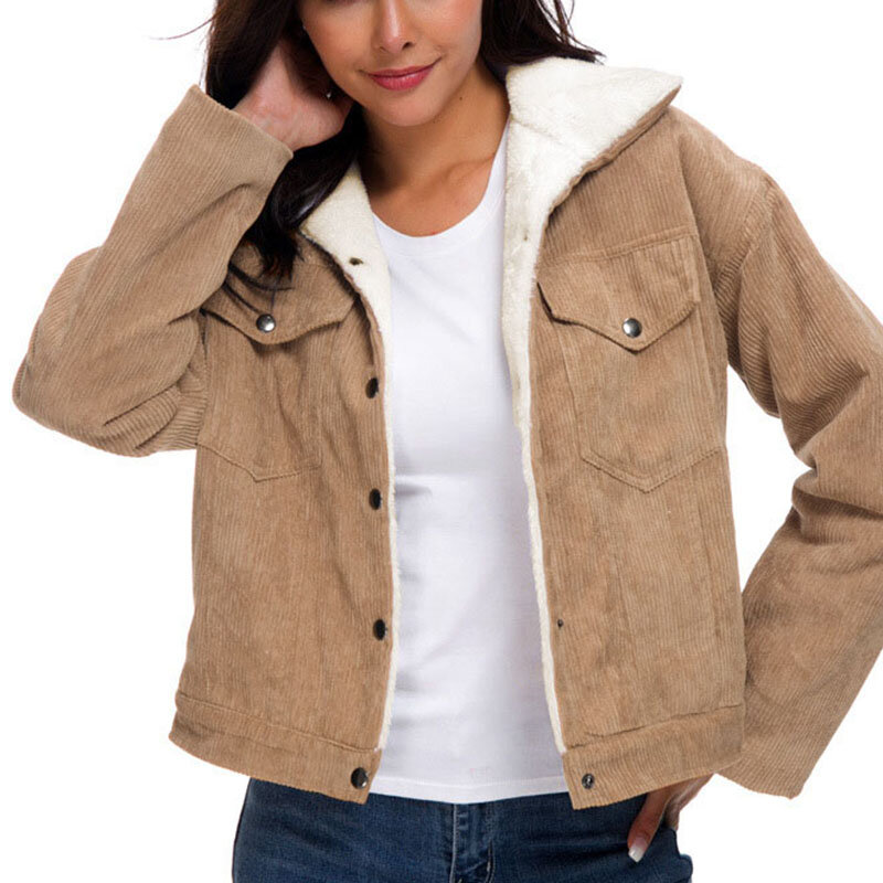 

Женская повседневная тедди-куртка с подкладкой из искусственной овчины вельвет с двойным карманом